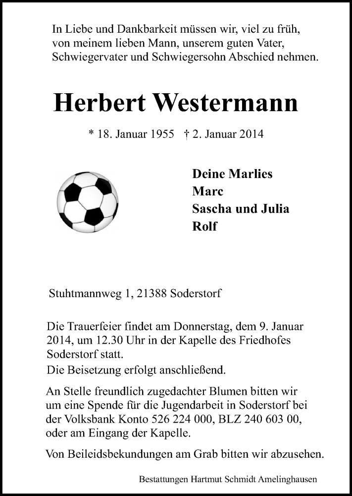  Traueranzeige für Herbert Westermann vom 04.01.2014 aus LZ