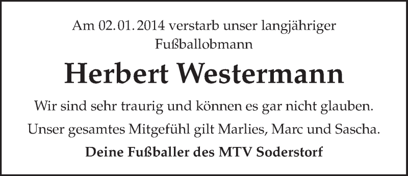  Traueranzeige für Herbert Westermann vom 07.01.2014 aus LZ