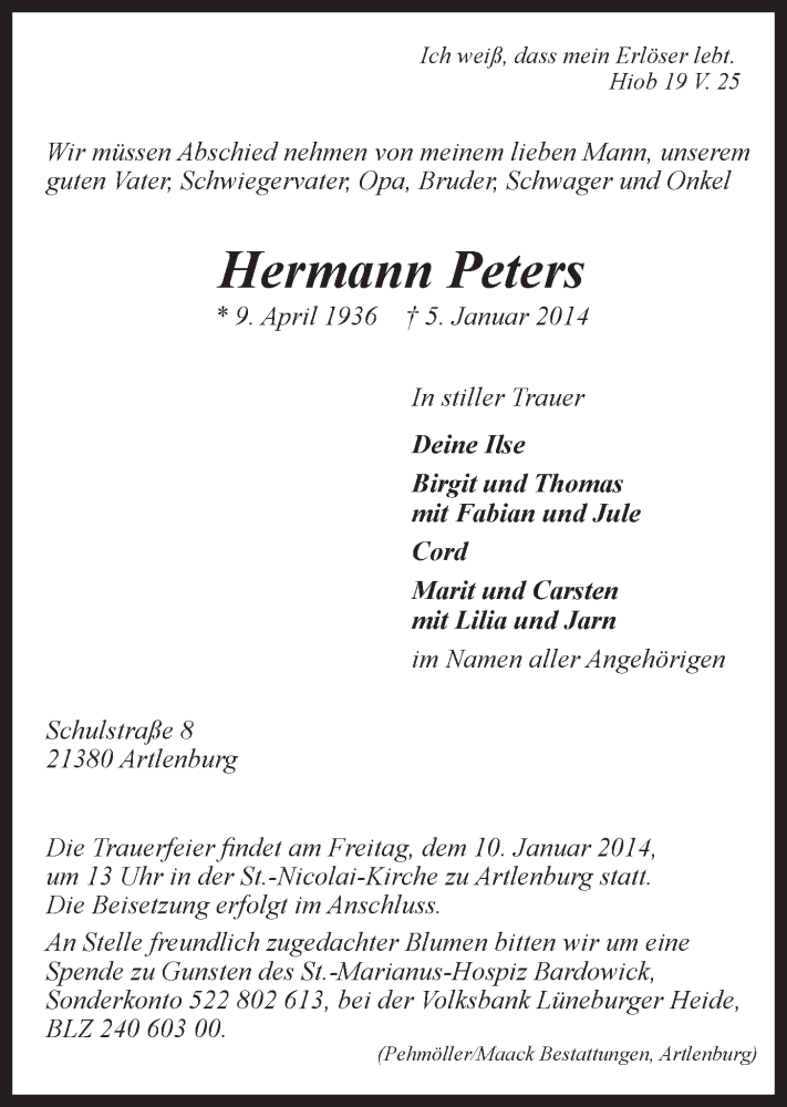  Traueranzeige für Hermann Peters vom 07.01.2014 aus LZ