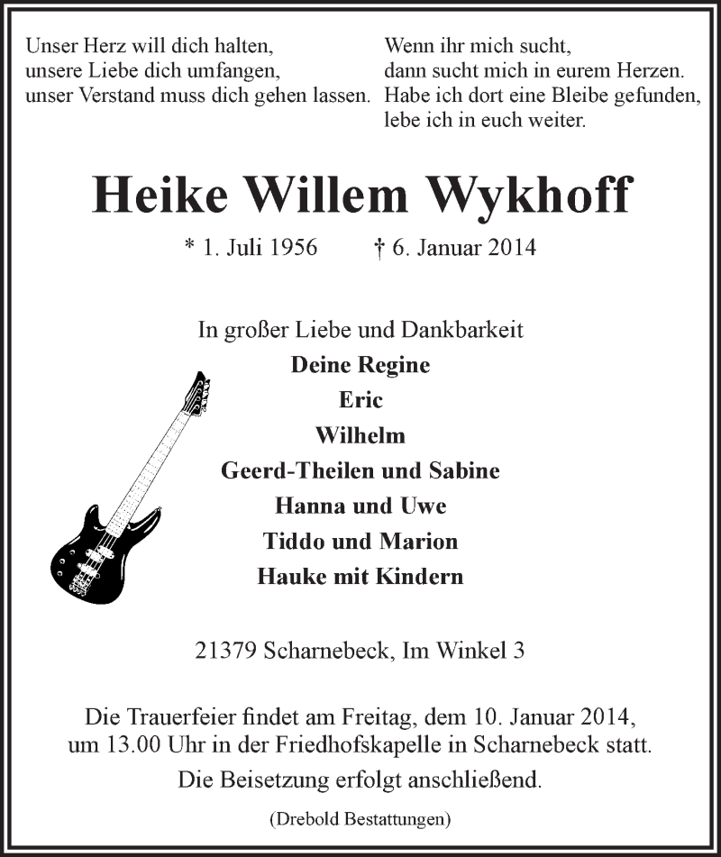  Traueranzeige für Heike Willem Wykhoff vom 08.01.2014 aus LZ