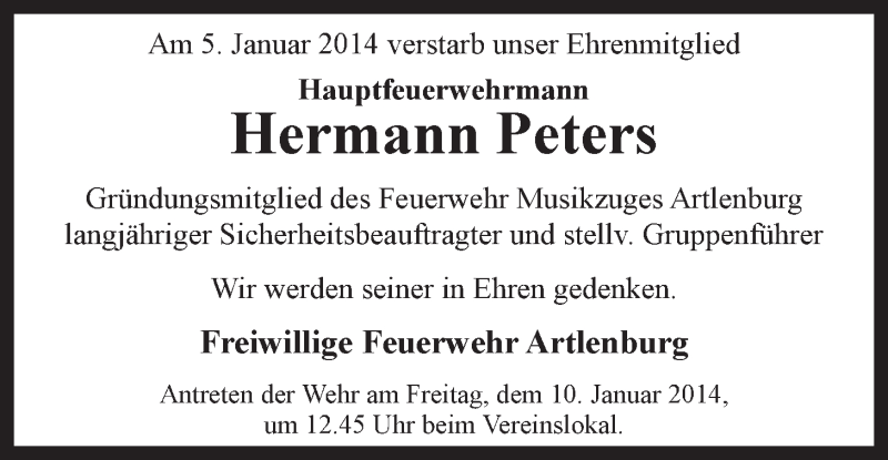  Traueranzeige für Hermann Peters vom 08.01.2014 aus LZ