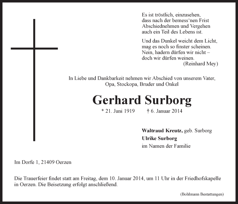  Traueranzeige für Gerhard Surborg vom 08.01.2014 aus LZ
