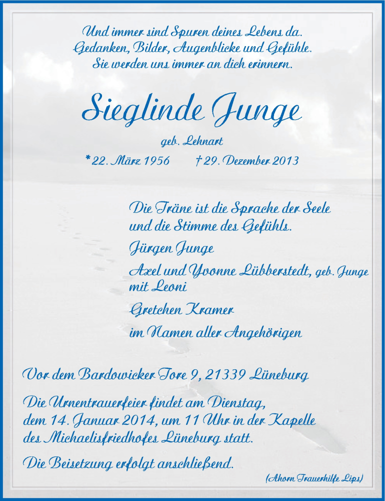  Traueranzeige für Sieglinde Junge vom 08.01.2014 aus LZ