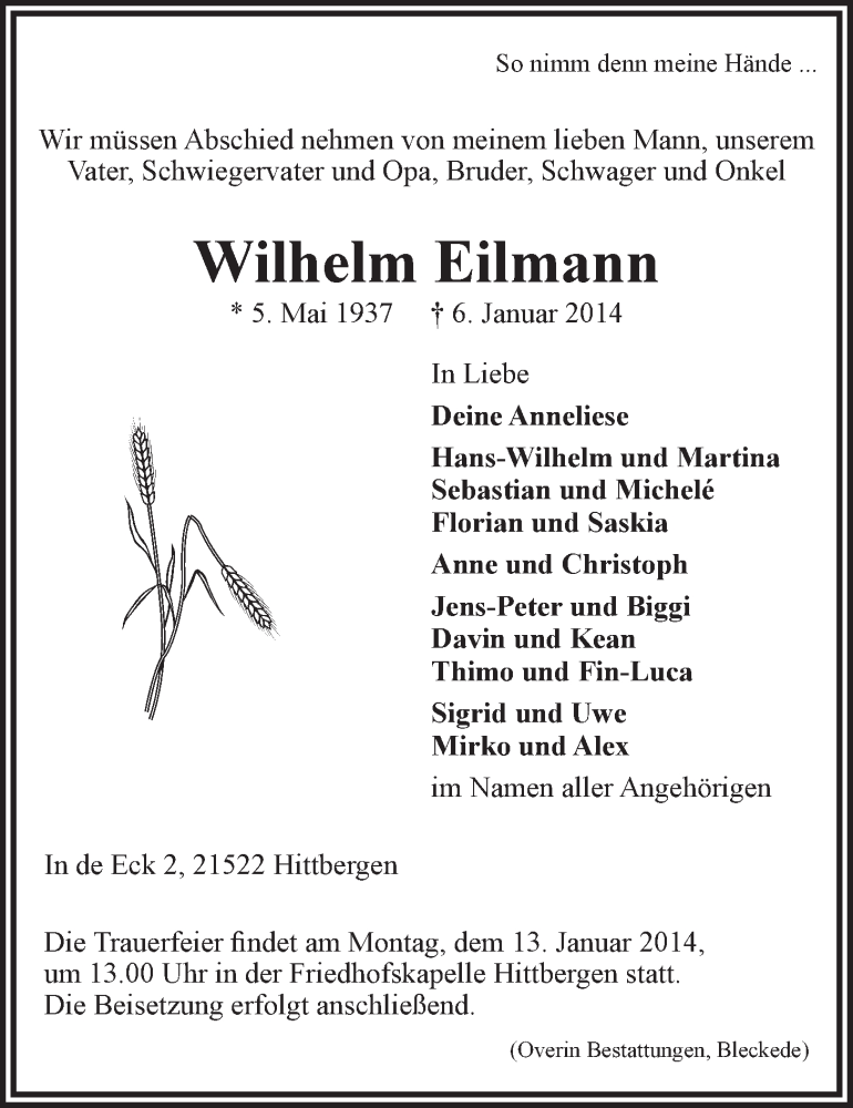  Traueranzeige für Wilhelm Eilmann vom 09.01.2014 aus LZ