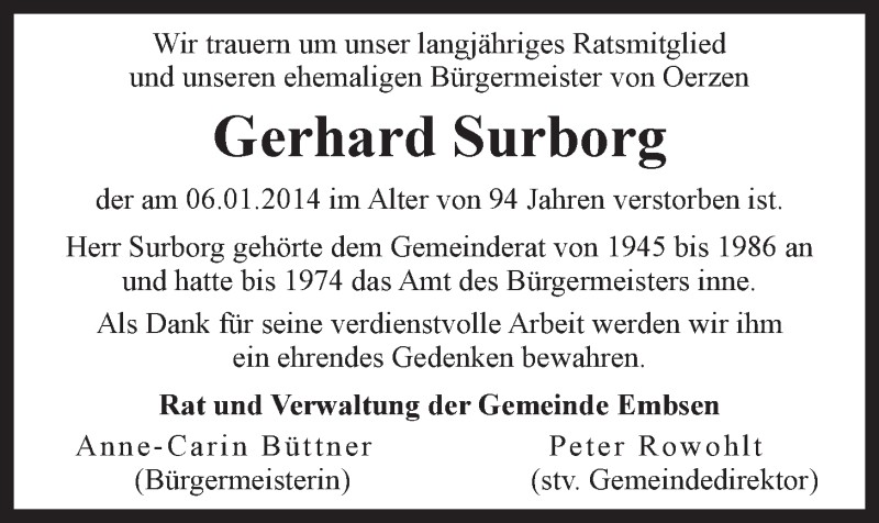  Traueranzeige für Gerhard Surborg vom 09.01.2014 aus LZ
