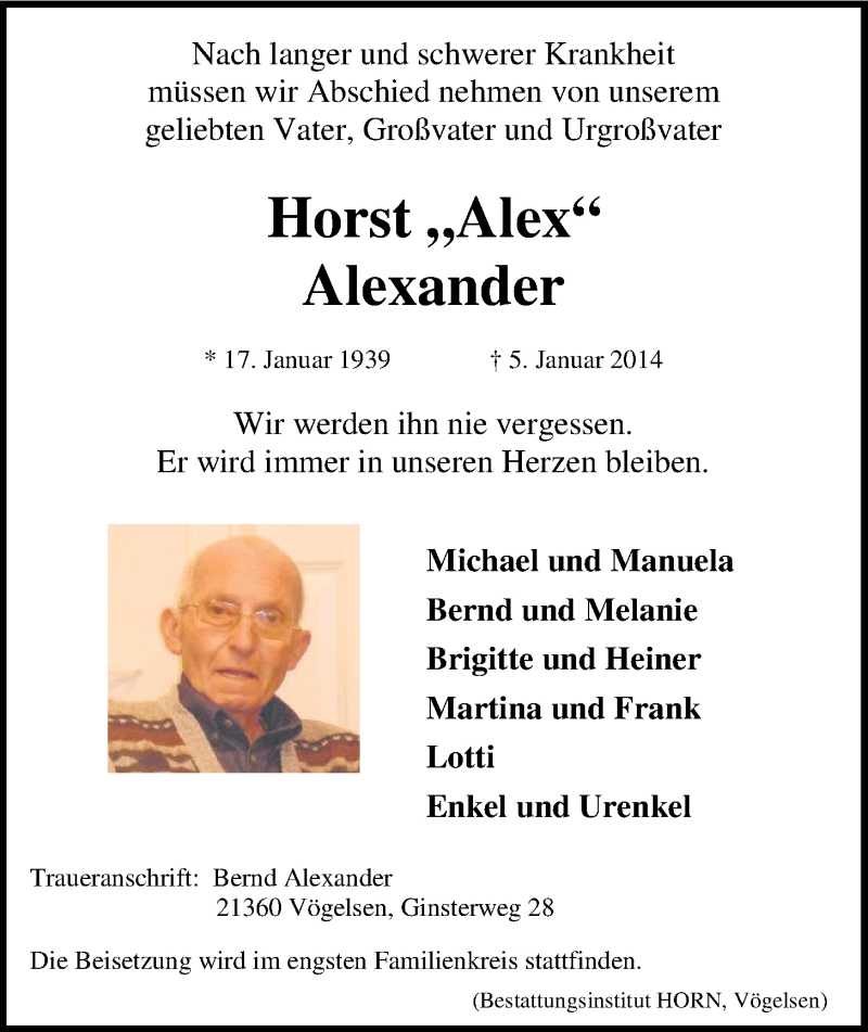  Traueranzeige für Horst Alexander vom 11.01.2014 aus LZ