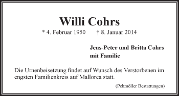 Anzeige von Willi Cohrs von LZ