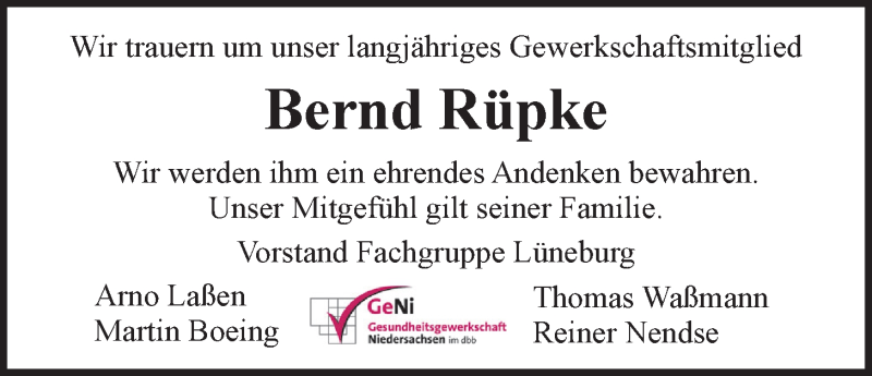  Traueranzeige für Bernd Rüpke vom 20.01.2014 aus LZ