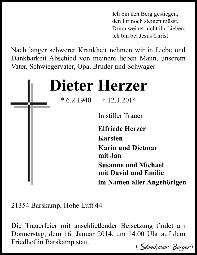  Traueranzeige für Dieter Herzer vom 14.01.2014 aus LZ