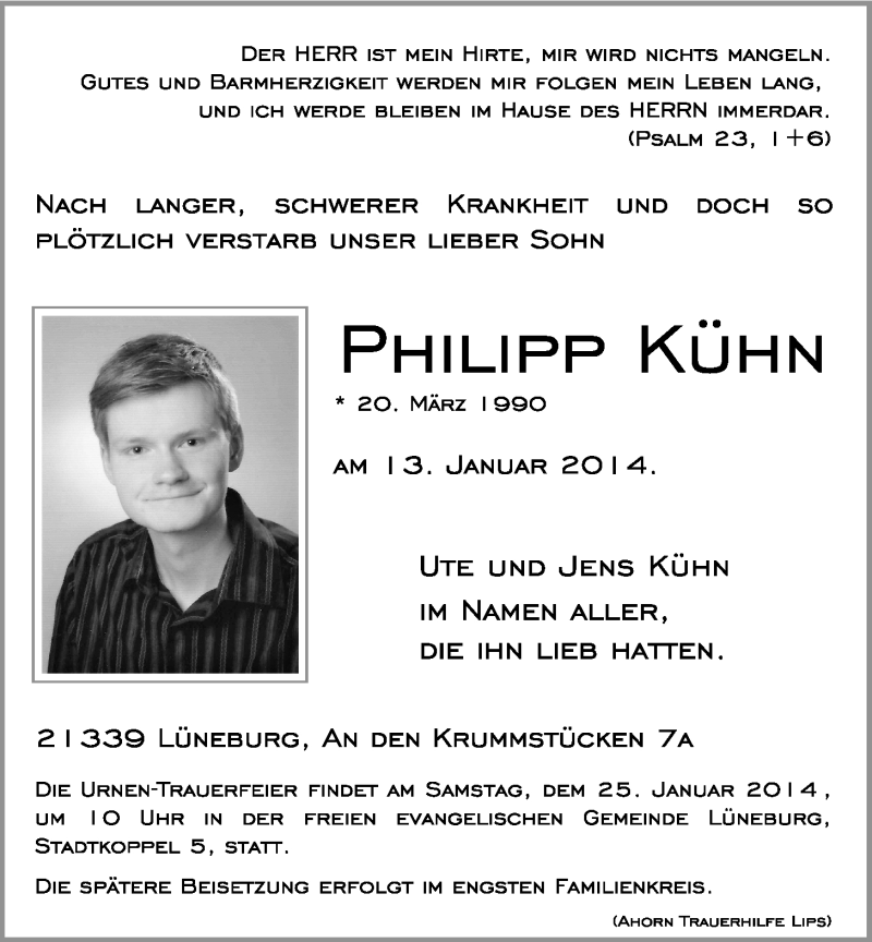 Traueranzeige für Philipp Kühn vom 18.01.2014 aus LZ