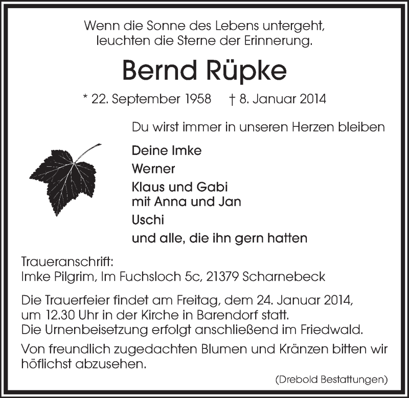  Traueranzeige für Bernd Rüpke vom 20.01.2014 aus LZ