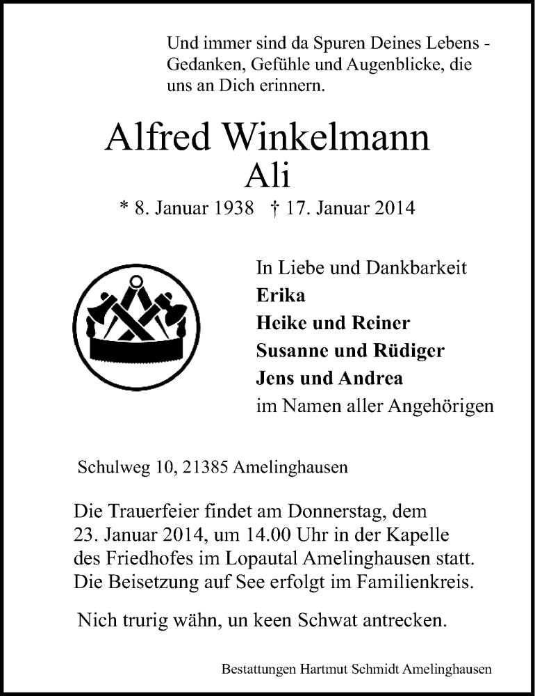  Traueranzeige für Alfred Winkelmann vom 20.01.2014 aus LZ