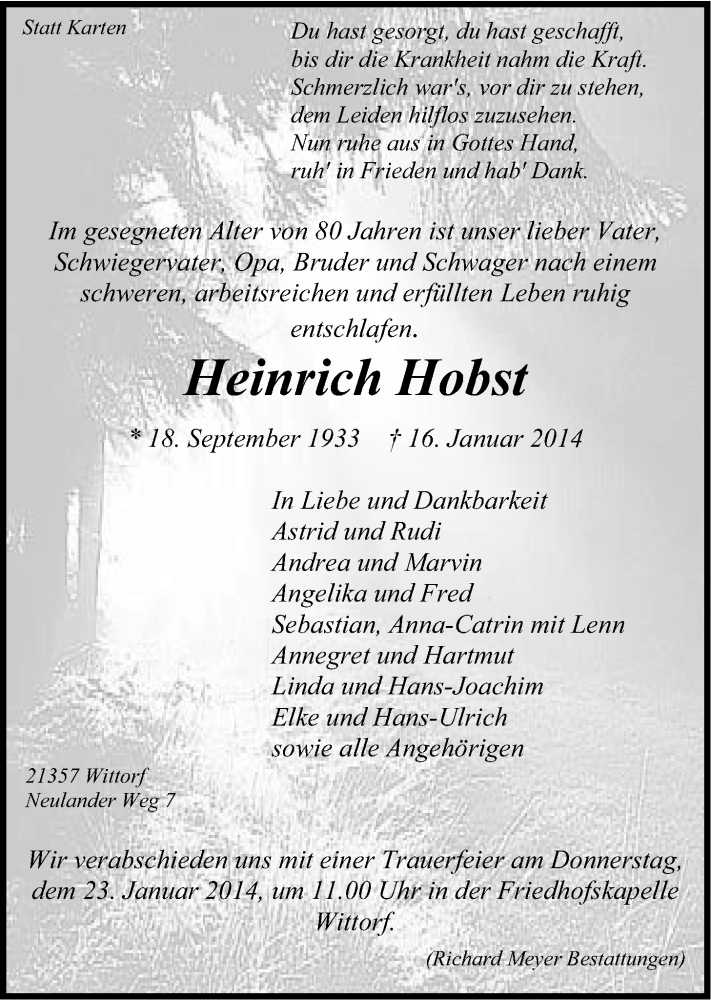  Traueranzeige für Heinrich Hobst vom 21.01.2014 aus LZ