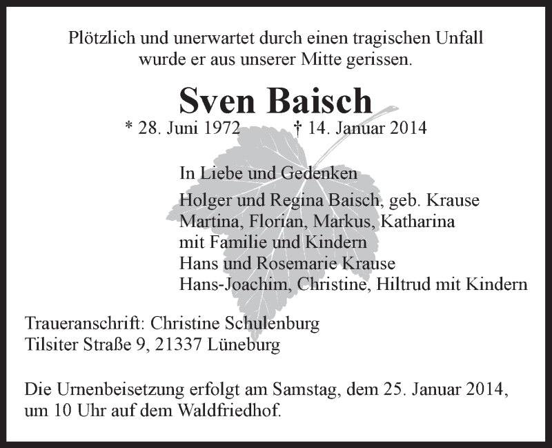  Traueranzeige für Sven Baisch vom 22.01.2014 aus LZ