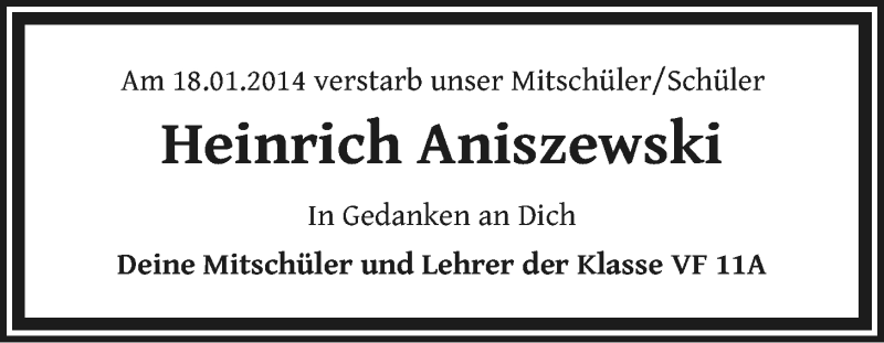  Traueranzeige für Heinrich Aniszewski vom 25.01.2014 aus LZ
