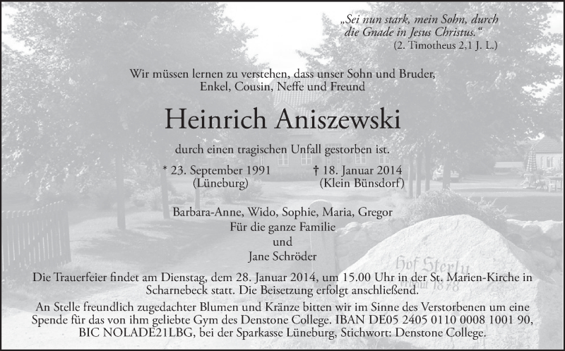  Traueranzeige für Heinrich Aniszewski vom 24.01.2014 aus LZ