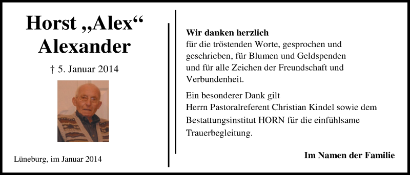  Traueranzeige für Horst Alexander vom 25.01.2014 aus LZ
