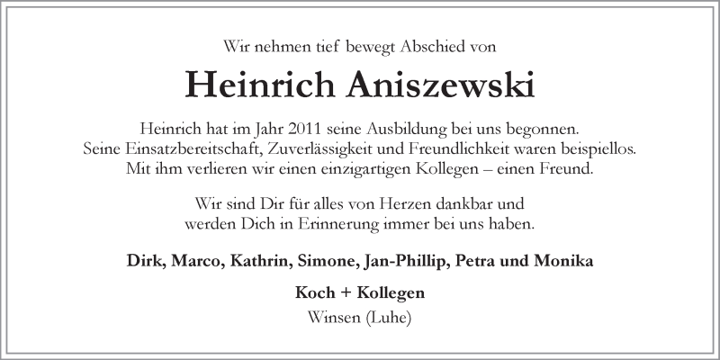  Traueranzeige für Heinrich Aniszewski vom 24.01.2014 aus LZ