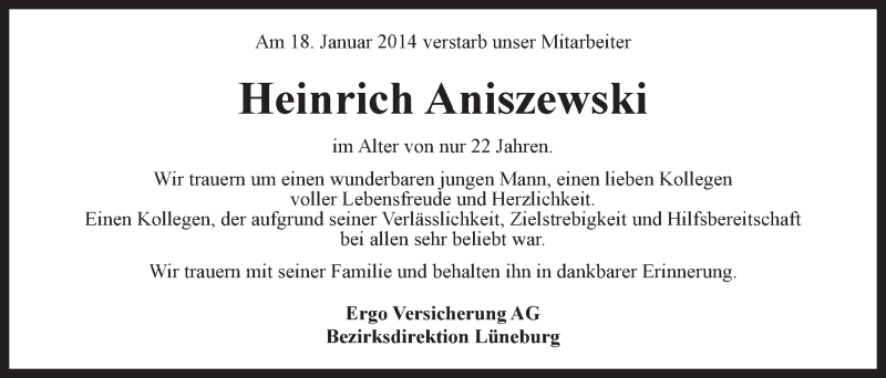  Traueranzeige für Heinrich Aniszewski vom 24.01.2014 aus LZ