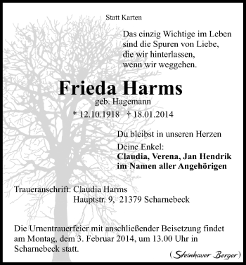 Anzeige von Frieda Harms von LZ