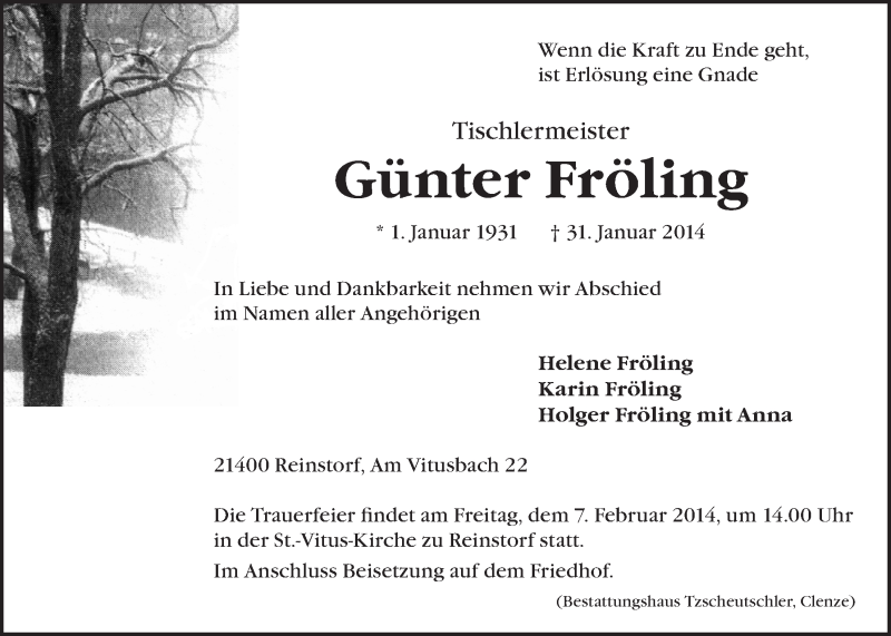  Traueranzeige für Günter Fröling vom 03.02.2014 aus LZ