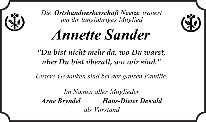  Traueranzeige für Annette Sander vom 11.11.2015 aus LZ