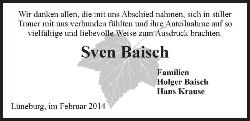  Traueranzeige für Sven Baisch vom 08.02.2014 aus LZ