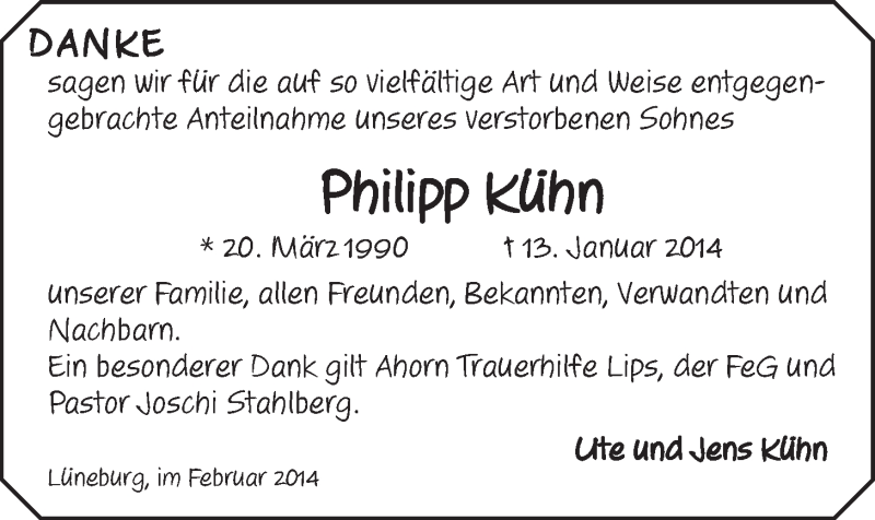  Traueranzeige für Philipp Kühn vom 08.02.2014 aus LZ