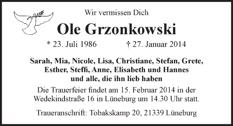  Traueranzeige für Ole Grzonkowski vom 08.02.2014 aus LZ