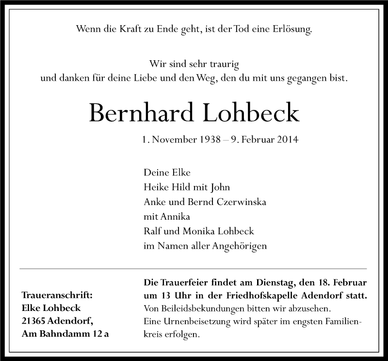  Traueranzeige für Bernhard Lohbeck vom 12.02.2014 aus LZ