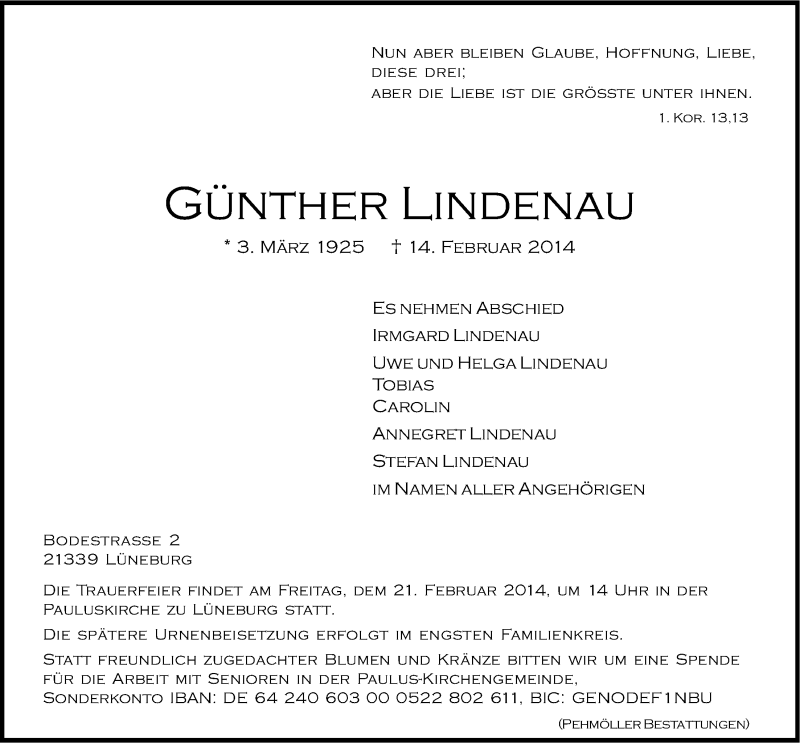  Traueranzeige für Günther Lindenau vom 18.02.2014 aus LZ