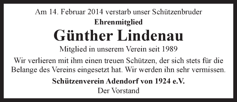  Traueranzeige für Günther Lindenau vom 18.02.2014 aus LZ