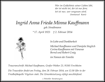 Anzeige von Ingrid Anna Frieda Minna Kauffinann von LZ