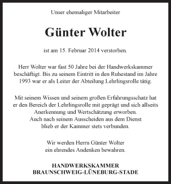 Anzeige von Günter Wolter von LZ
