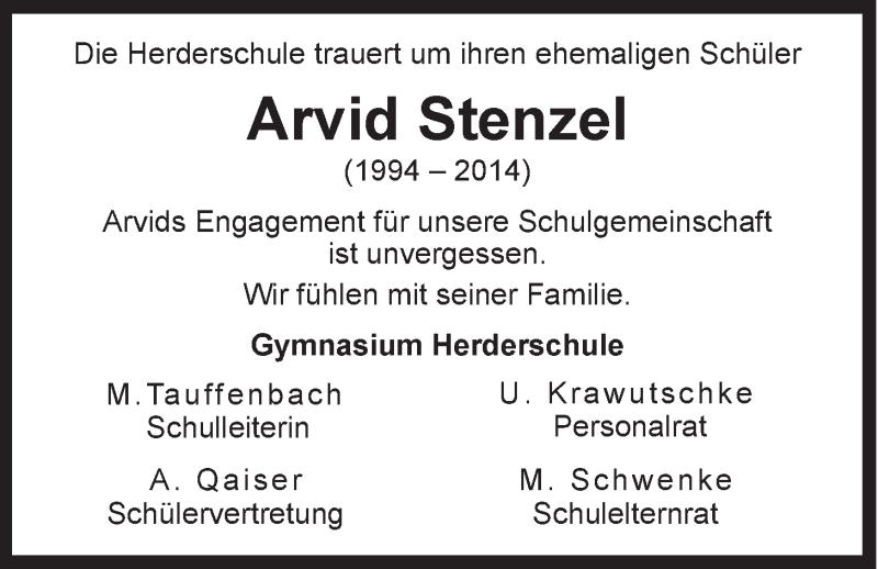  Traueranzeige für Arvid Stenzel vom 01.03.2014 aus LZ