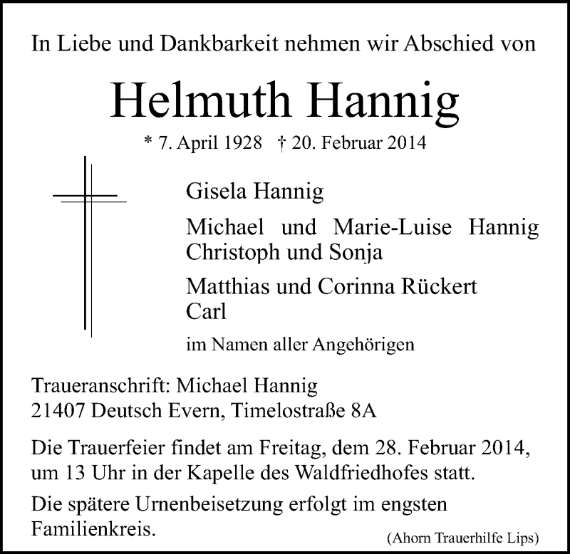  Traueranzeige für Helmuth Hannig vom 25.02.2014 aus LZ