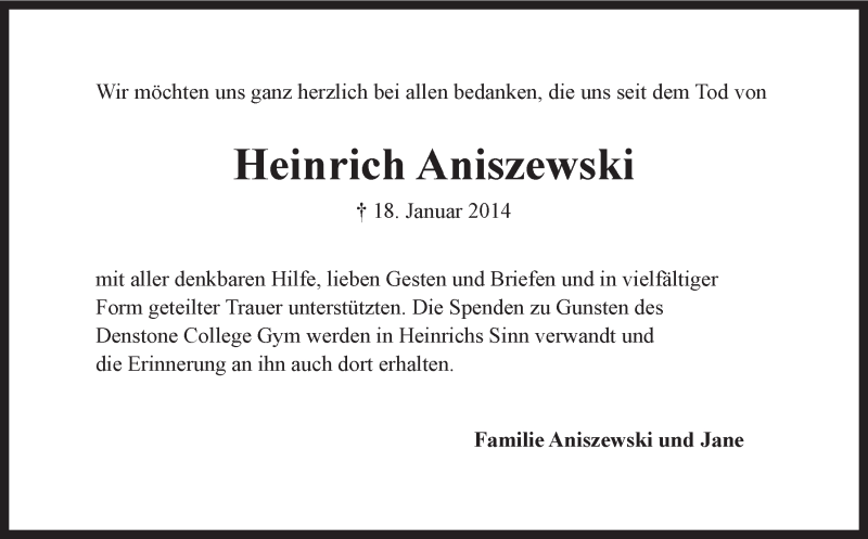  Traueranzeige für Heinrich Aniszewski vom 01.03.2014 aus LZ