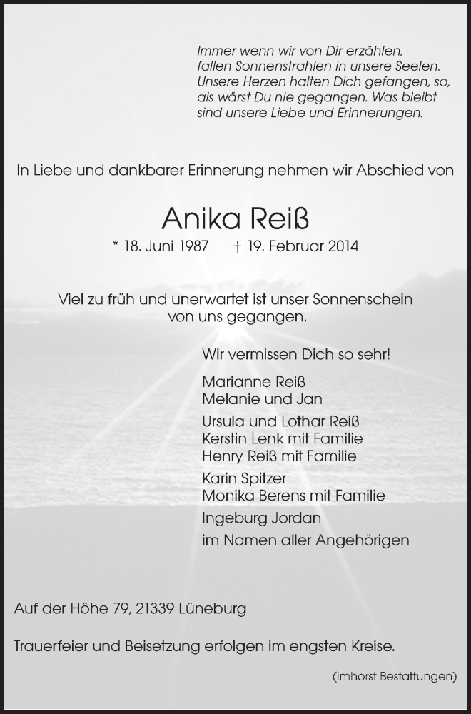  Traueranzeige für Anika Reiß vom 01.03.2014 aus LZ