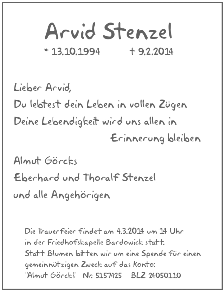  Traueranzeige für Arvid Stenzel vom 01.03.2014 aus LZ