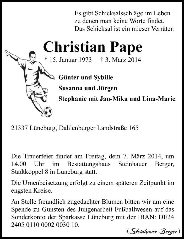  Traueranzeige für Christian Pape vom 05.03.2014 aus LZ