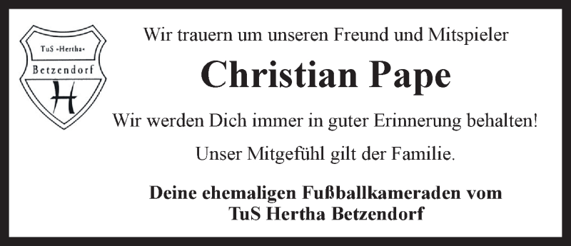  Traueranzeige für Christian Pape vom 06.03.2014 aus LZ