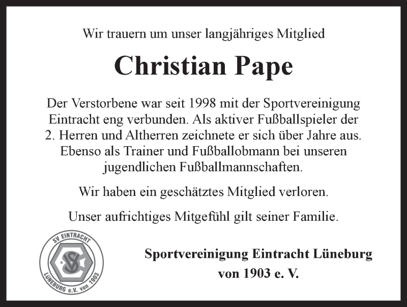  Traueranzeige für Christian Pape vom 07.03.2014 aus LZ