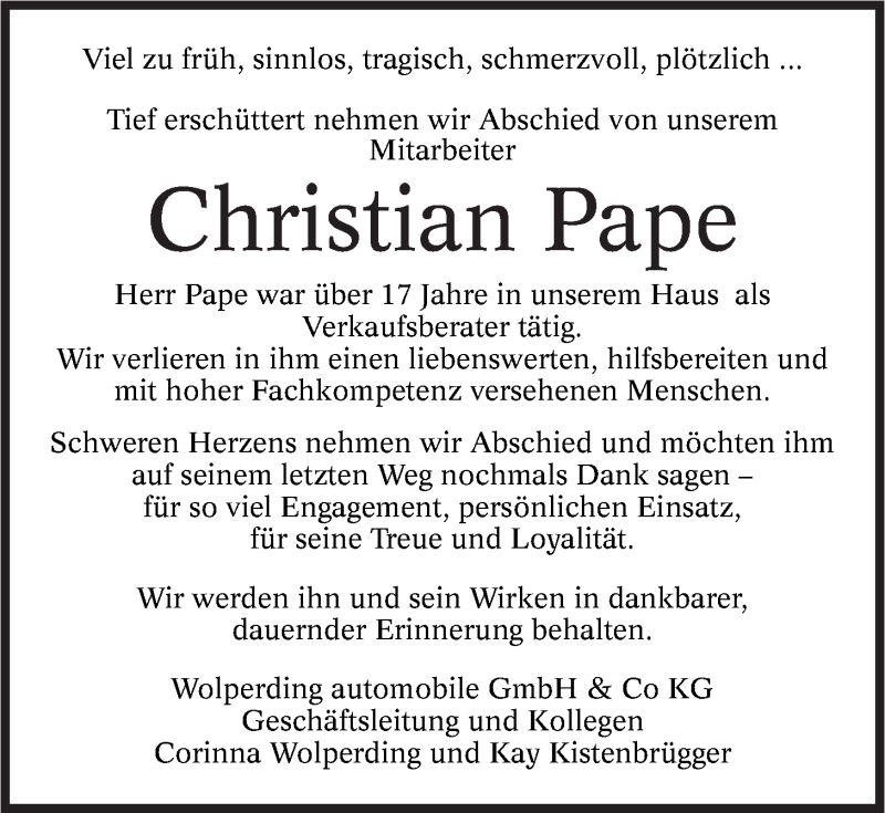  Traueranzeige für Christian Pape vom 08.03.2014 aus LZ