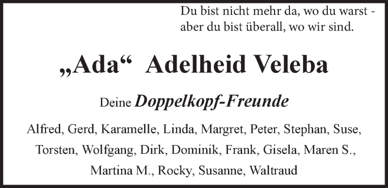  Traueranzeige für Adelheid Veleba vom 15.03.2014 aus LZ