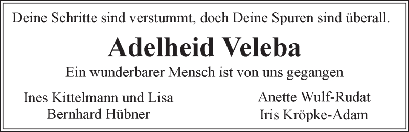  Traueranzeige für Adelheid Veleba vom 15.03.2014 aus LZ