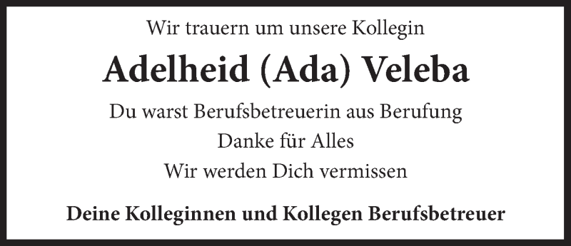  Traueranzeige für Adelheid Veleba vom 15.03.2014 aus LZ