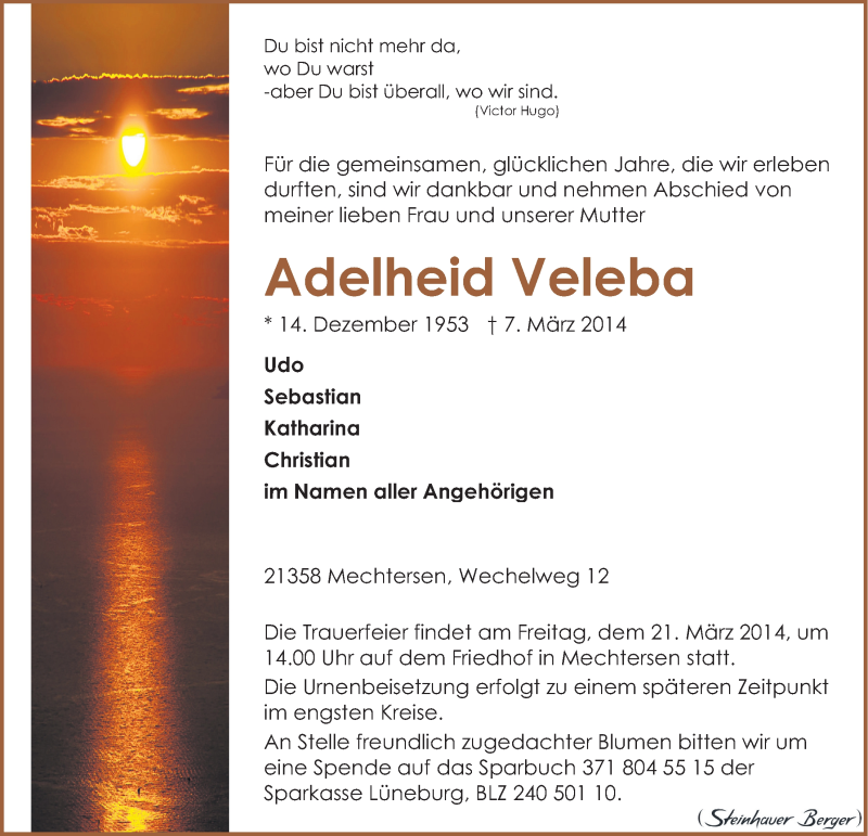  Traueranzeige für Adelheid Veleba vom 15.03.2014 aus LZ