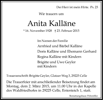 Anzeige von Anita Kalläne von LZ