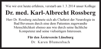 Anzeige von Karl-Albrecht Rossberg von LZ