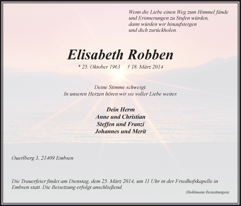  Traueranzeige für Elisabeth Robben vom 22.03.2014 aus LZ